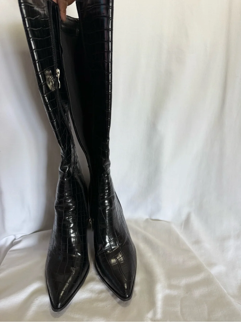 Black Croc-Embossed Over-the-Knee Heeled Boots